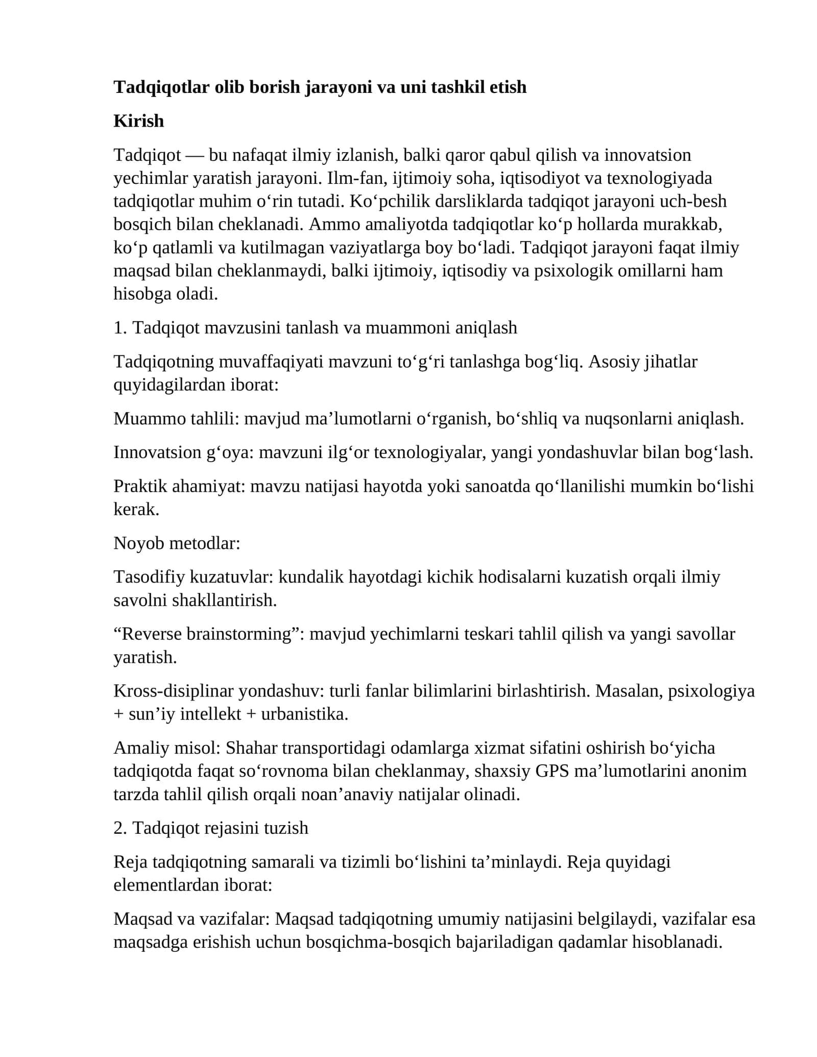 Tadqiqotlar olib borish jarayoni va uni tashkil etish 1