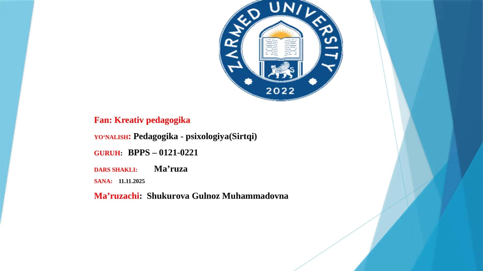 Oʻquvmashgʻulotlarivamaʼnaviy-maʼrifiytadbirlartashkiletiladiganauditoriya(joy)nijihozlashgakreativyondoshuv. NFTM-TRIZuzluksizkreativtaʼlimtiziminingkonseptualasoslarivamodeli.Ilmiyijodusullari.TRIZijodkorliktexnologiyasisifatida 1