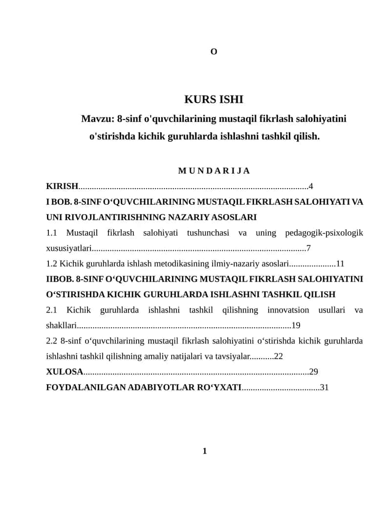 8-sinf o'quvchilarining mustaqil fikrlash salohiyatini o'stirishda kichik guruhlarda ishlashni tashkil qilish 1