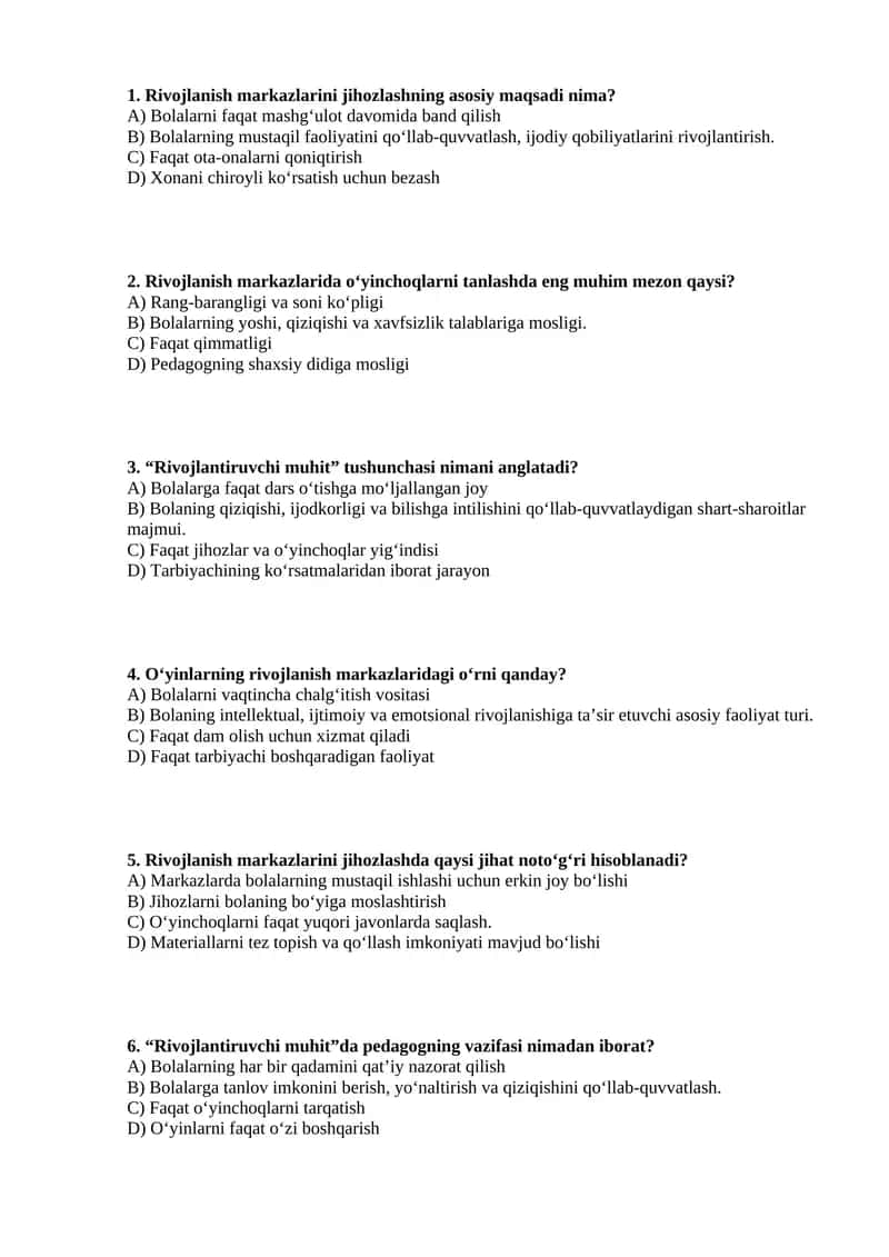 O‘yinlarning rivojlanish markazlarida o‘rnidan test 1