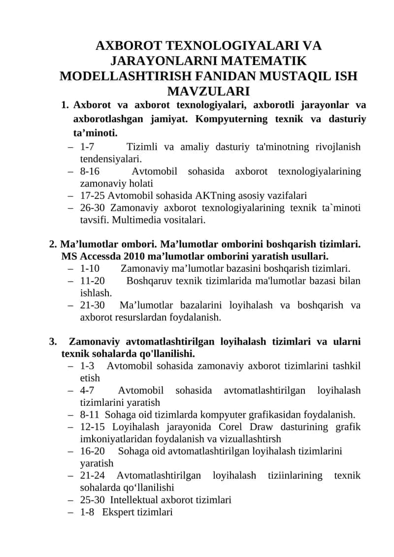 Axborot texnologiyalari va jarayonlarni matematik modellashtirish fanidan mustaqil ish mavzulari 1