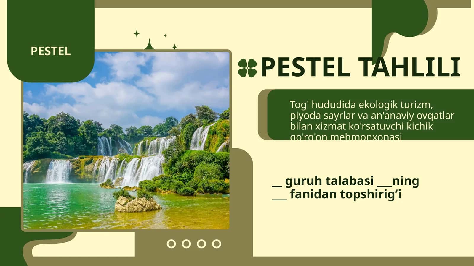 Pestel Tahlili (Tog' hududida ekologik turizm, piyoda sayrlar va an'anaviy ovqatlar bilan xizmat ko'rsatuvchi kichik qo'rg'on mehmonxonasi) 1