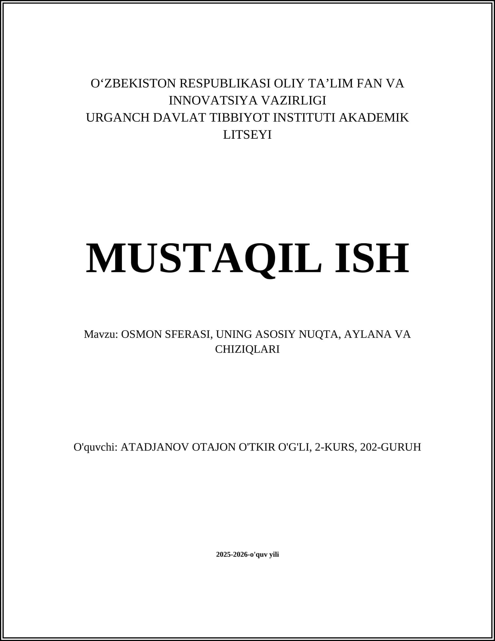 OSMON SFERASI, UNING ASOSIY NUQTA, AYLANA VA CHIZIQLARI 1