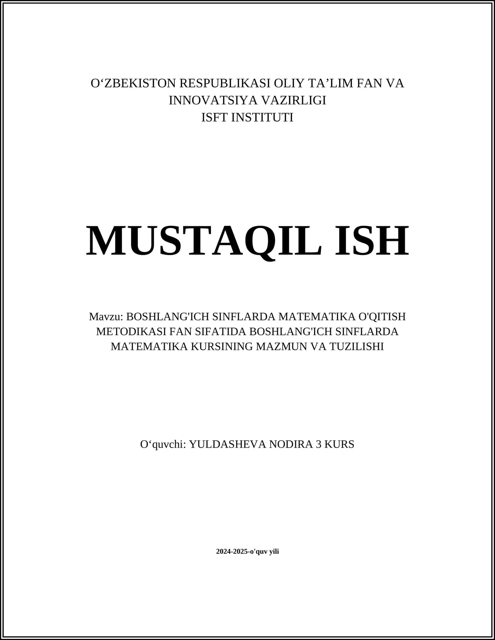 BOSHLANG'ICH SINFLARDA MATEMATIKA O'QITISH METODIKASI 1