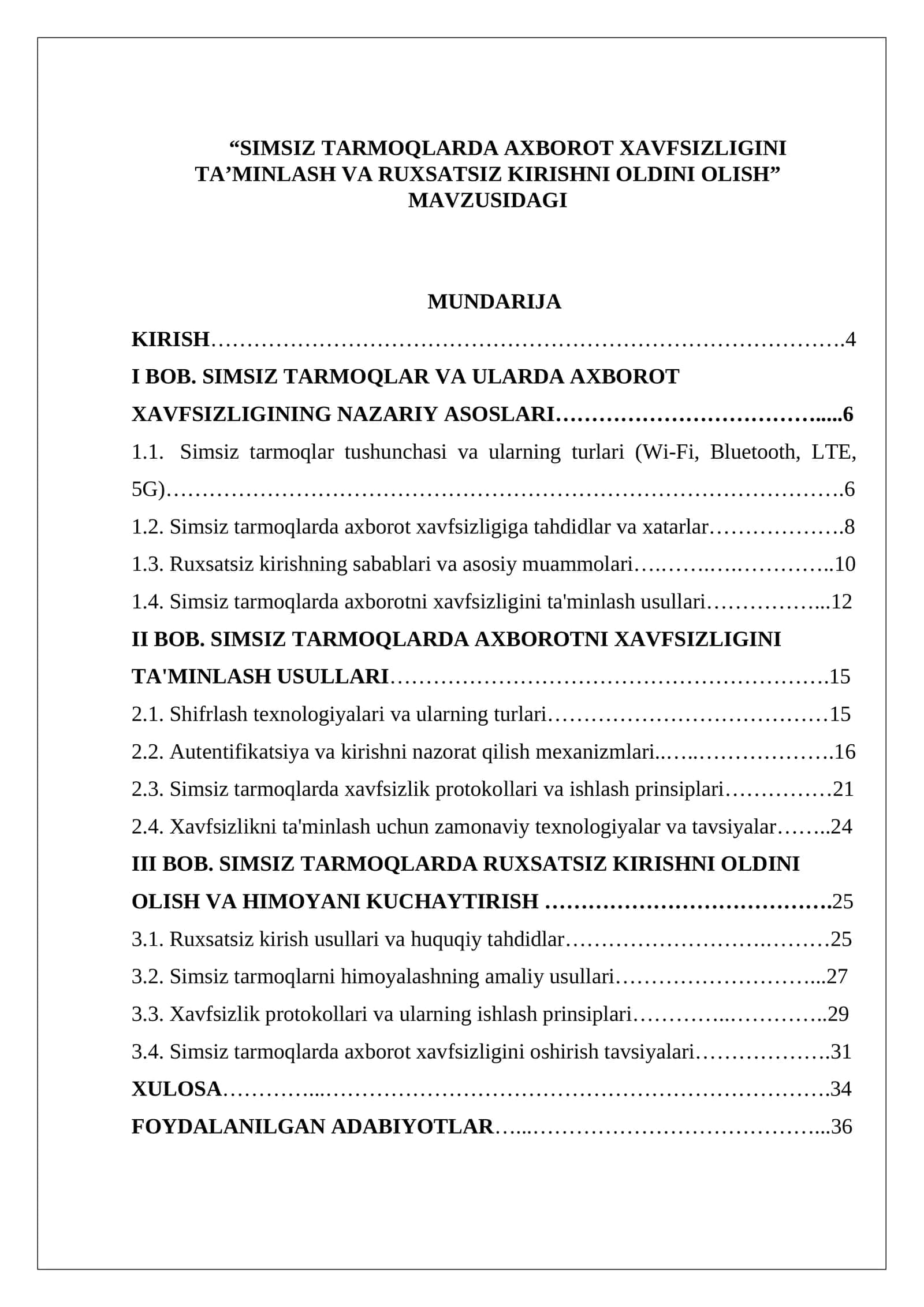 SIMSIZ TARMOQLARDA AXBOROT XAVFSIZLIGINI TAʼMINLASH VA RUXSATSIZ KIRISHNI OLDINI OLISH 1