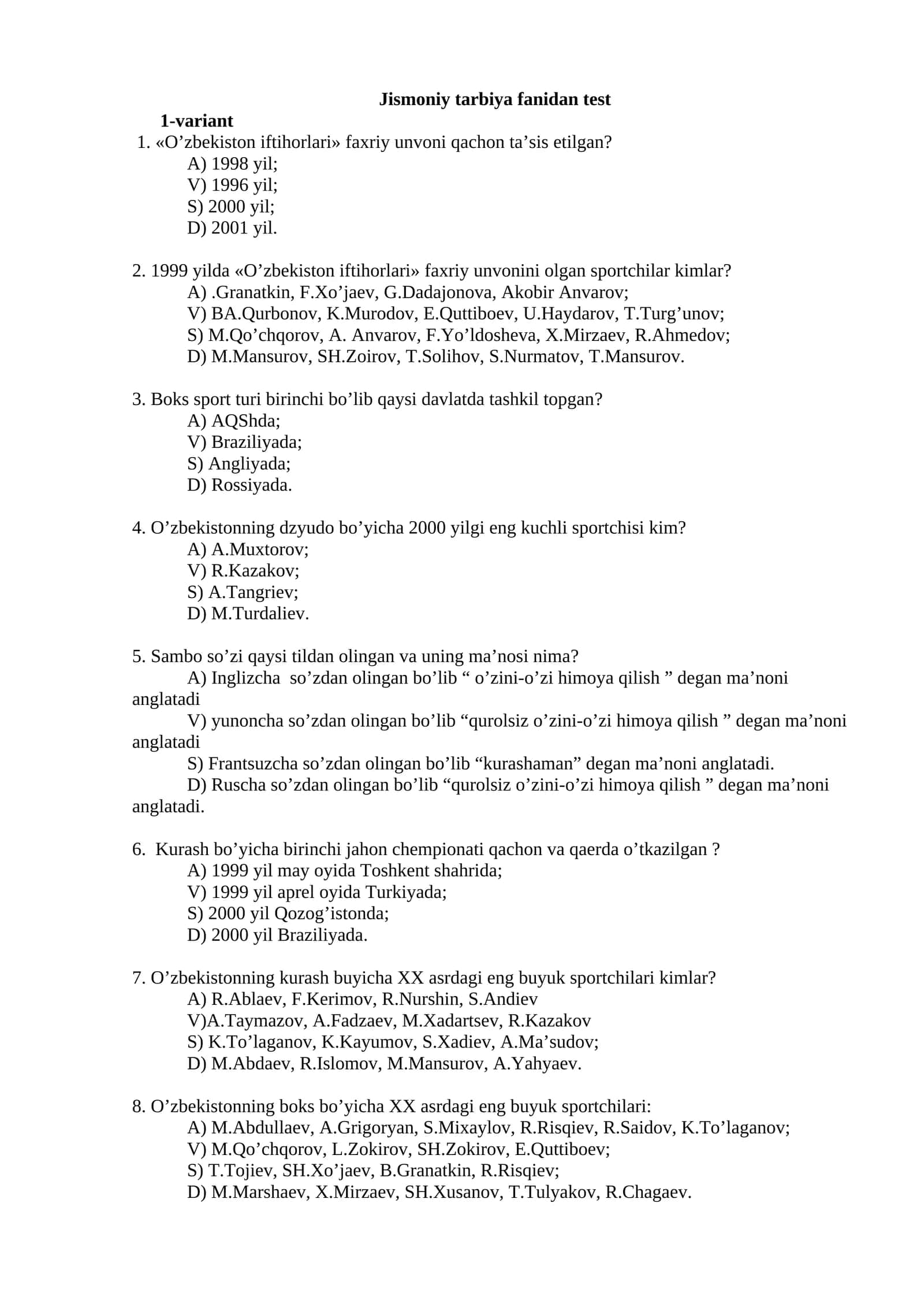 JISMONIY TARBIYA fanidan ATTESTATSIYA test SAVOLLARI 1