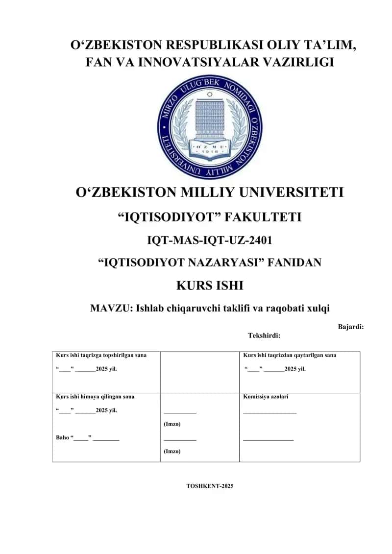ISHLAB CHIQARUVCHI TAKLIFI VA RAQOBAT XULQI 1