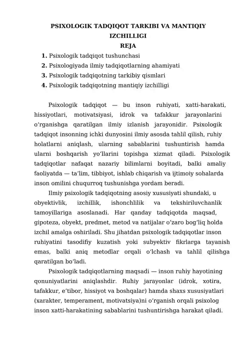 PSIXOLOGIK TADQIQOT TARKIBI VA MANTIQIY IZCHILLIGI 1