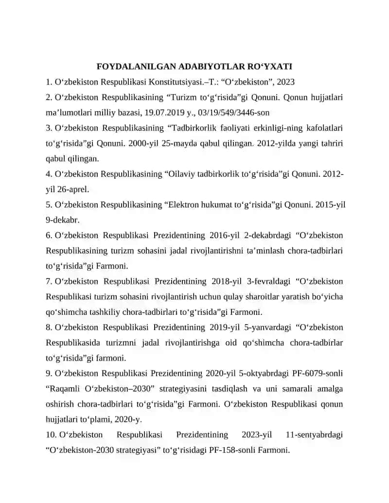 FOYDALANILGAN ADABIYOTLAR RO‘YXATI