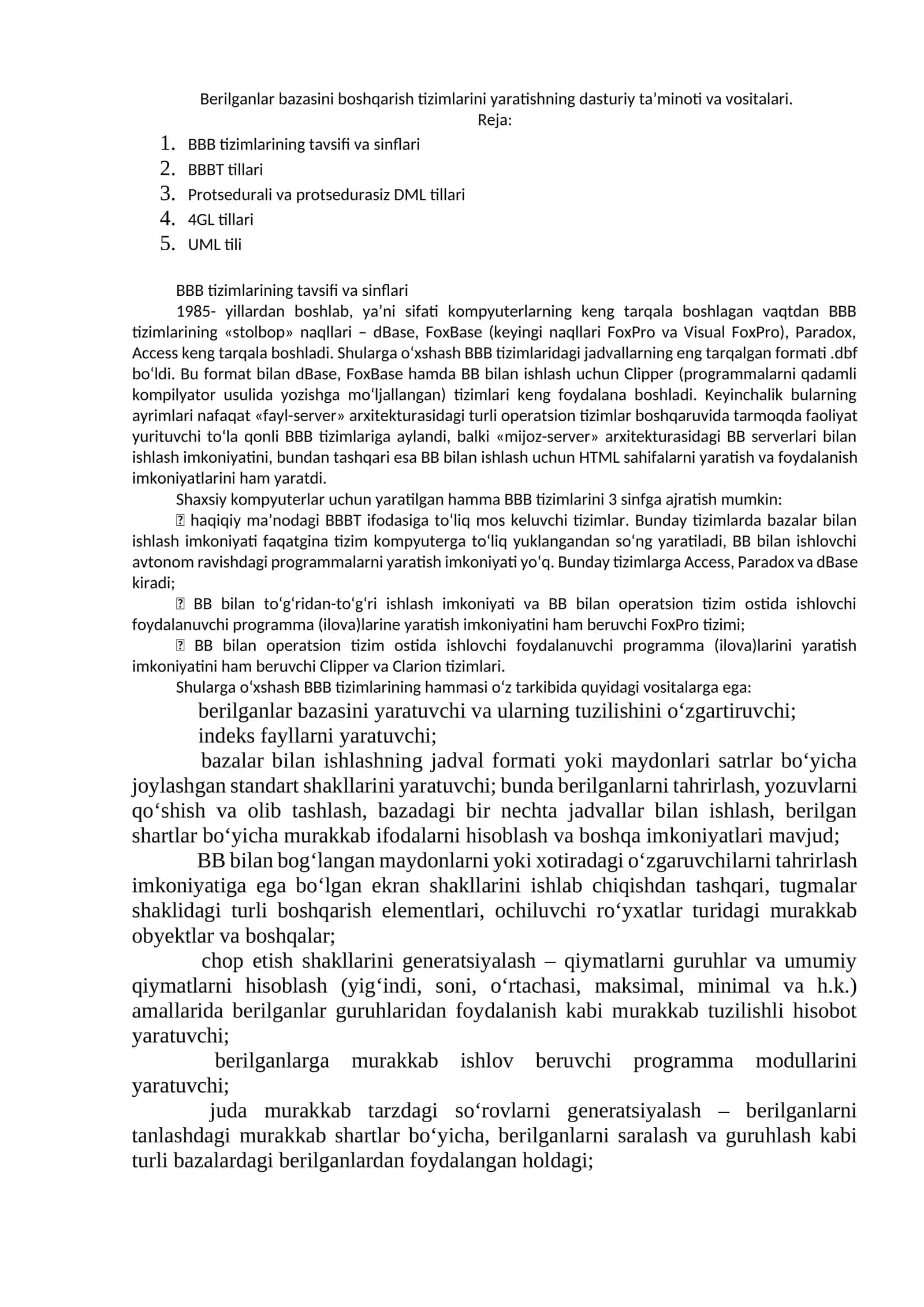 BBB tizimlarining tavsifi va sinflari 1