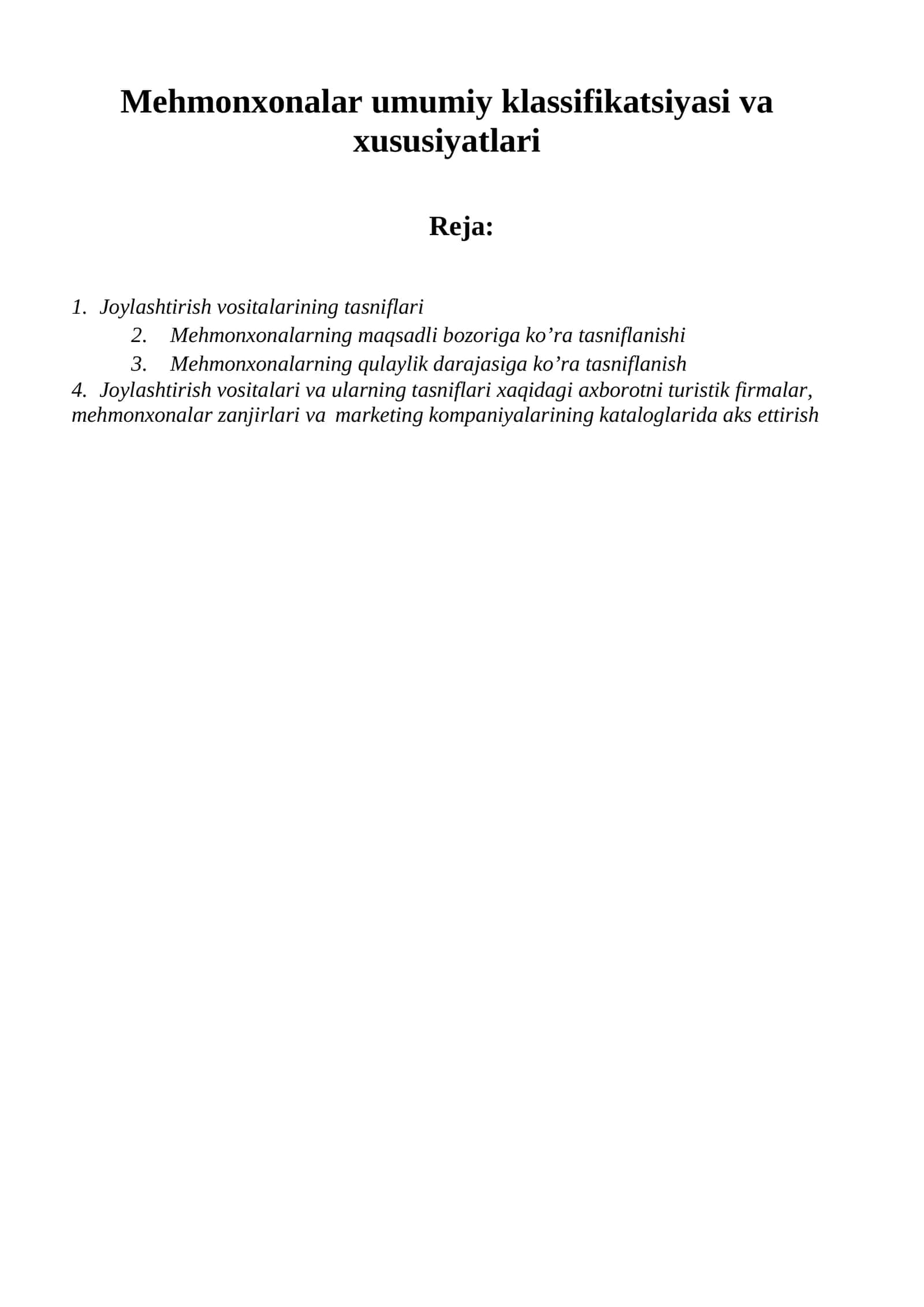 Mеhmonxonalar umumiy klassifikatsiyasi va xususiyatlari 1