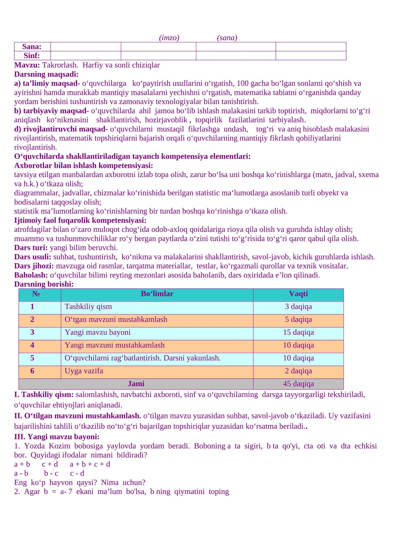 Takrorlash. Harfiy va sonli chiziqlar 1