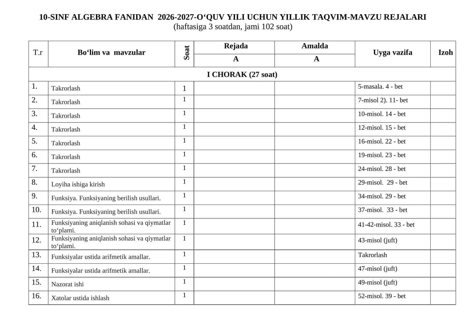 10-SINF ALGEBRA 2026-2027. Ish reja 1
