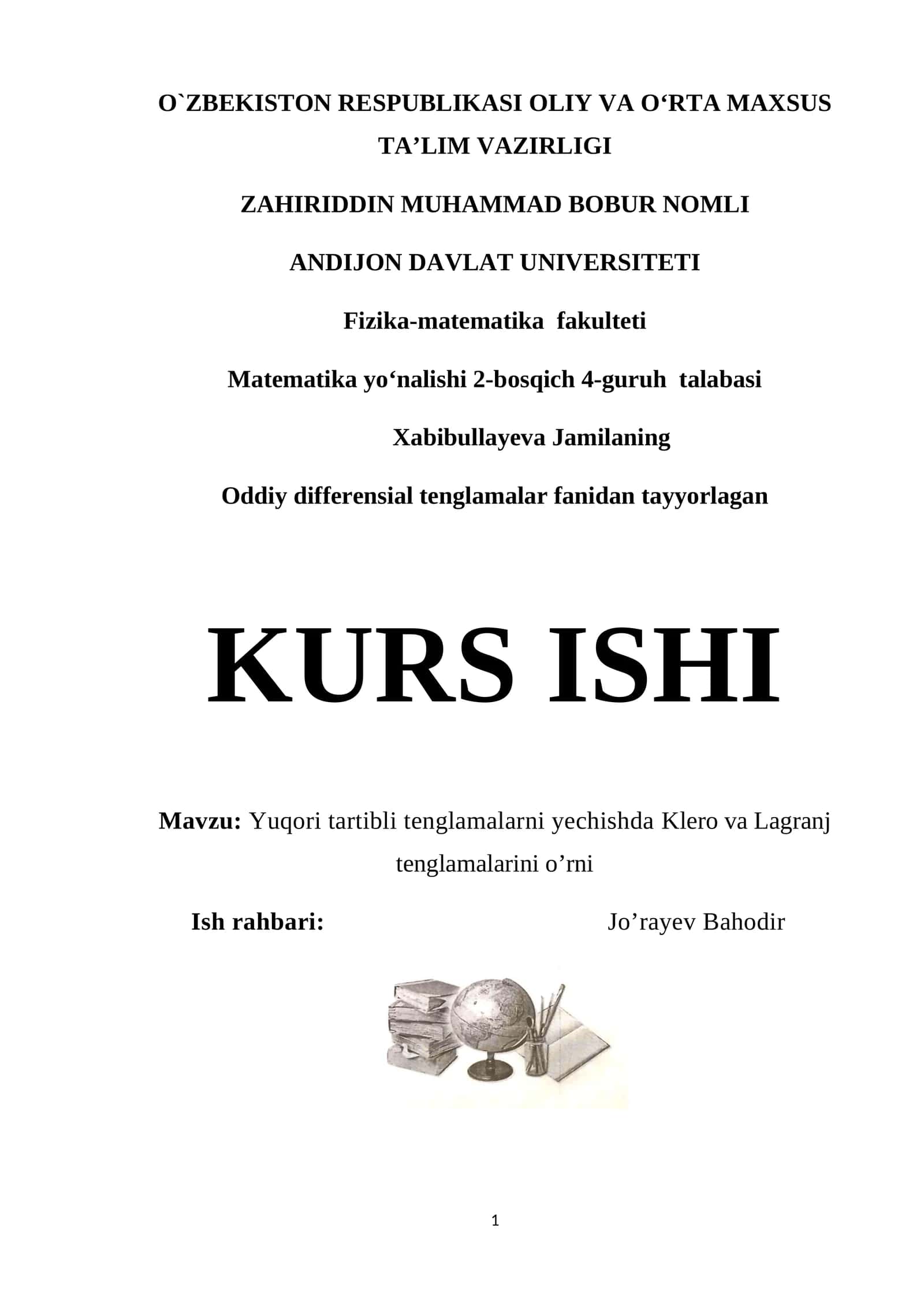 Oddiy differensial tenglamalar fanidan tayyorlangan KURS ISHI 1
