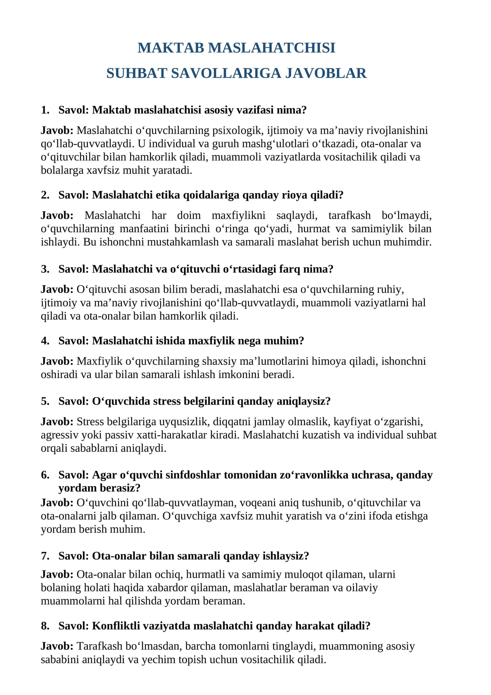 Maktab maslahatchisi suhbat savollari 1