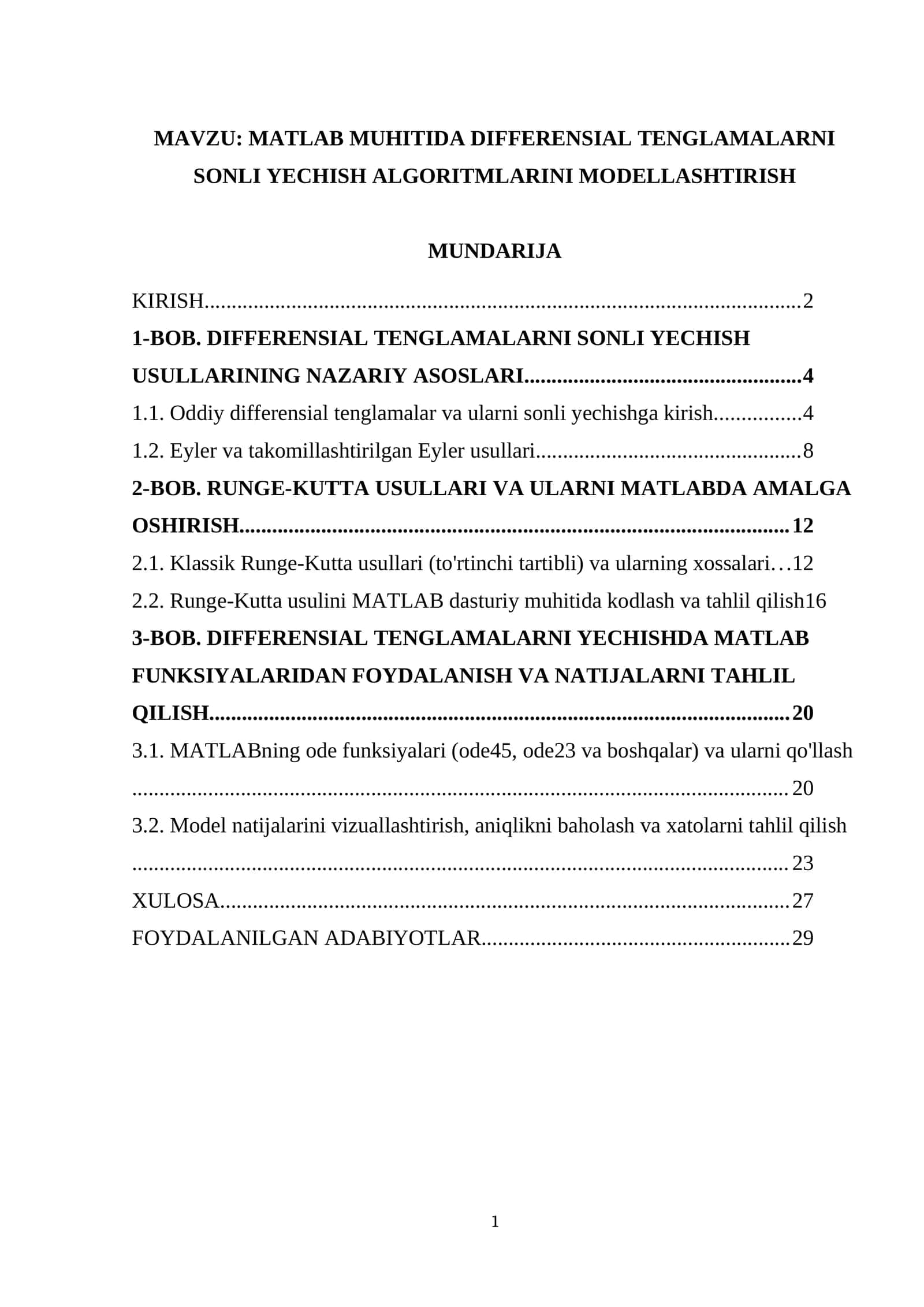 MATLAB MUHITIDA DIFFERENSIAL TENGLAMALARNI SONLI YECHISH ALGORITMLARINI MODELLASHTIRISH 1