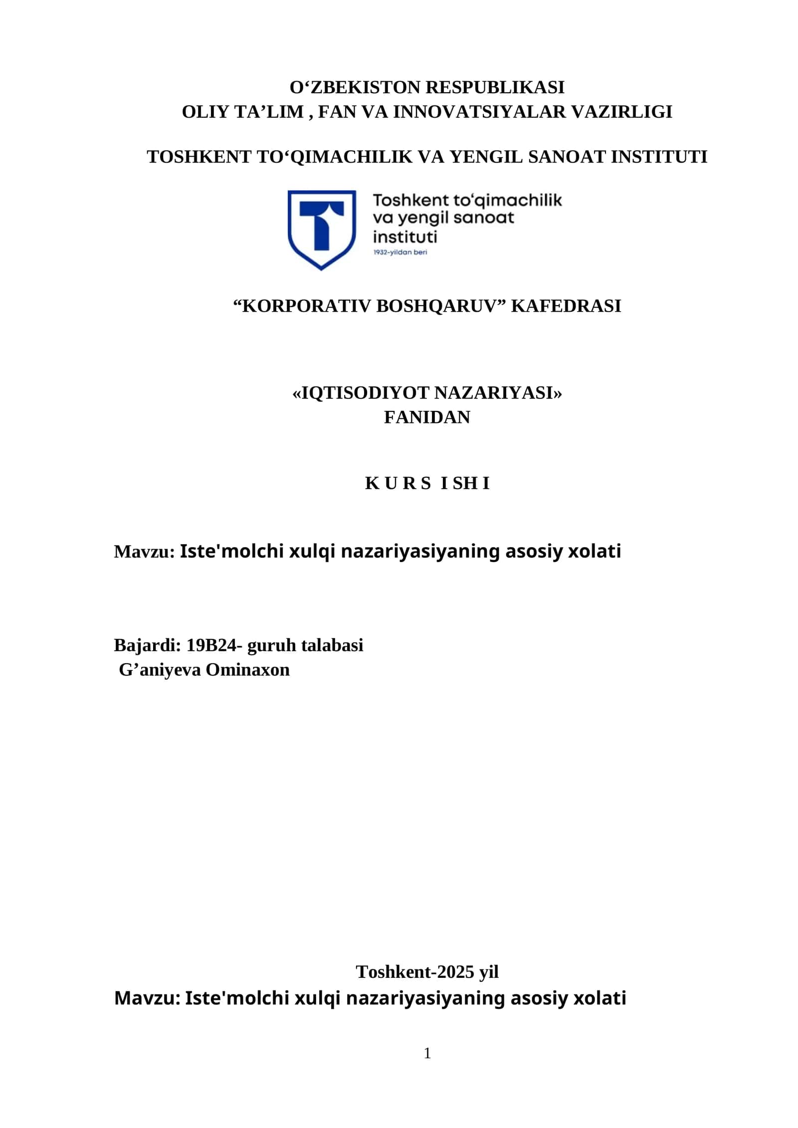 IQTISODIYOT NAZARIYASI FANIDAN KURS ISHI 1
