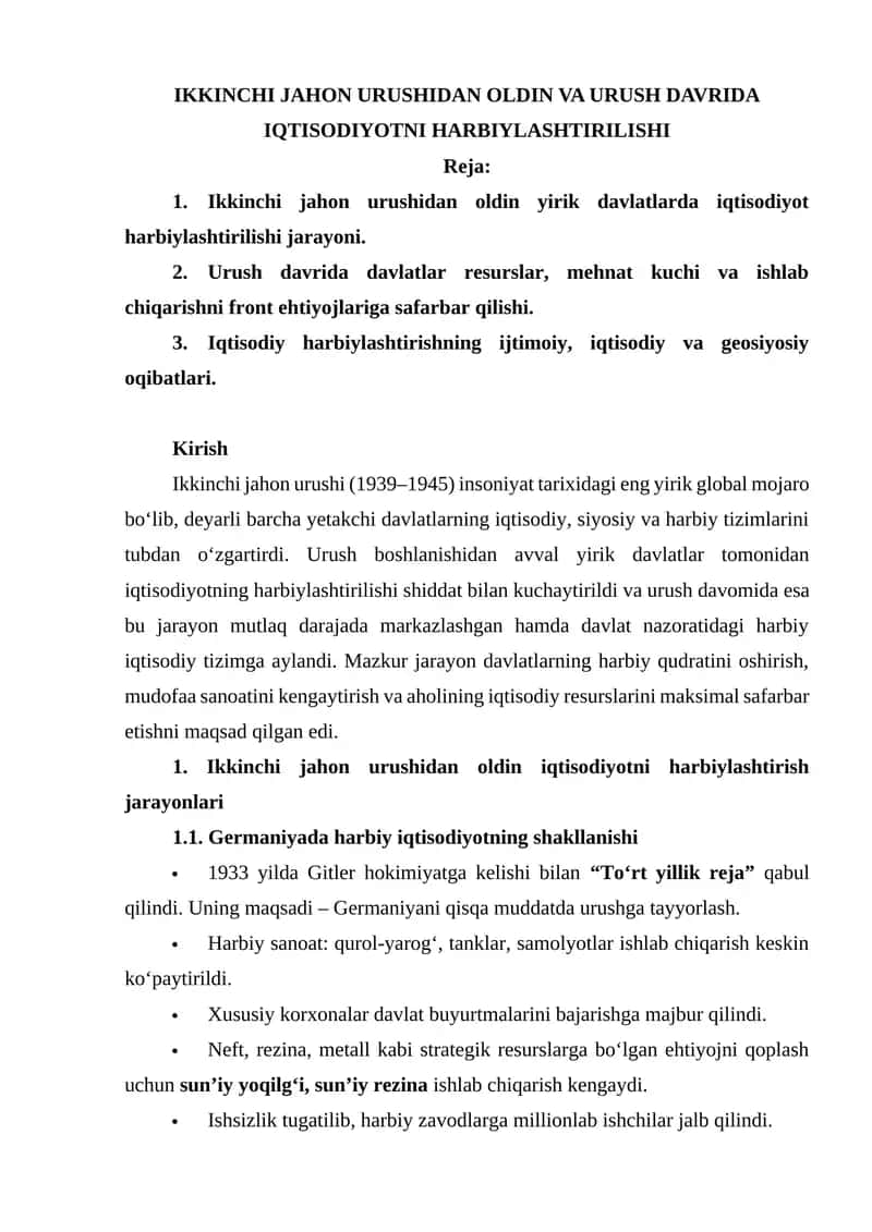 Ikkinchi jahon urushidan oldin va urush davrida iqtisodiyotni harbiylashtirilishi 1