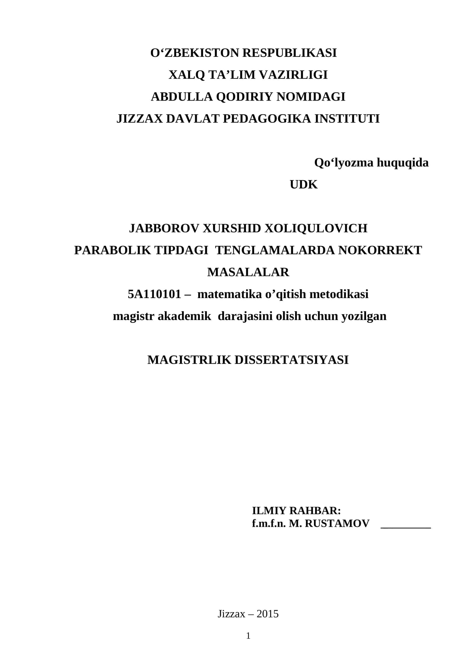 PARABOLIK TIPDAGI TENGLAMALARDA NOKORREKT MASALALAR 1