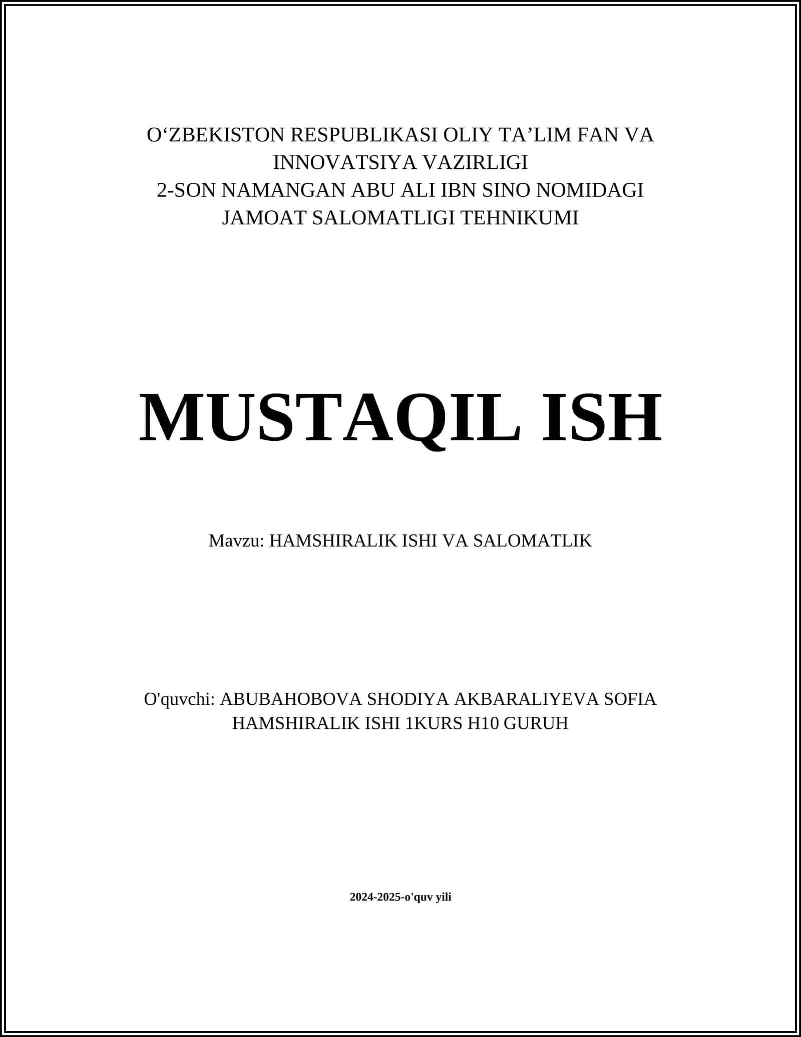 HAMSHIRALIK ISHI VA SALOMATLIK 1