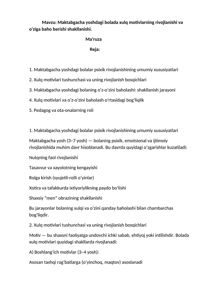Maktabgacha Yoshdagi Bolalar Xulq Motivlarning Rivojlanishi 1