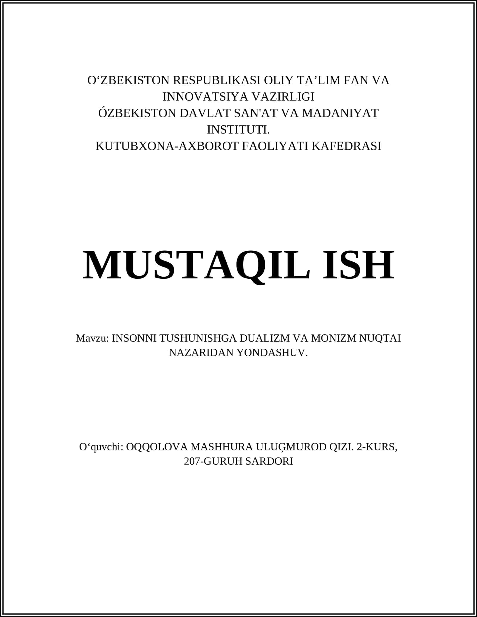 INSONNI TUSHUNISHGA DUALIZM VA MONIZM NUQTAI NAZARIDAN YONDASHUV 1