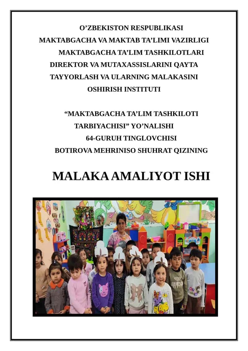 "MAKTABGACHA TA’LIM TASHKILOTI TARBIYACHISI" YO’NALISHI 1