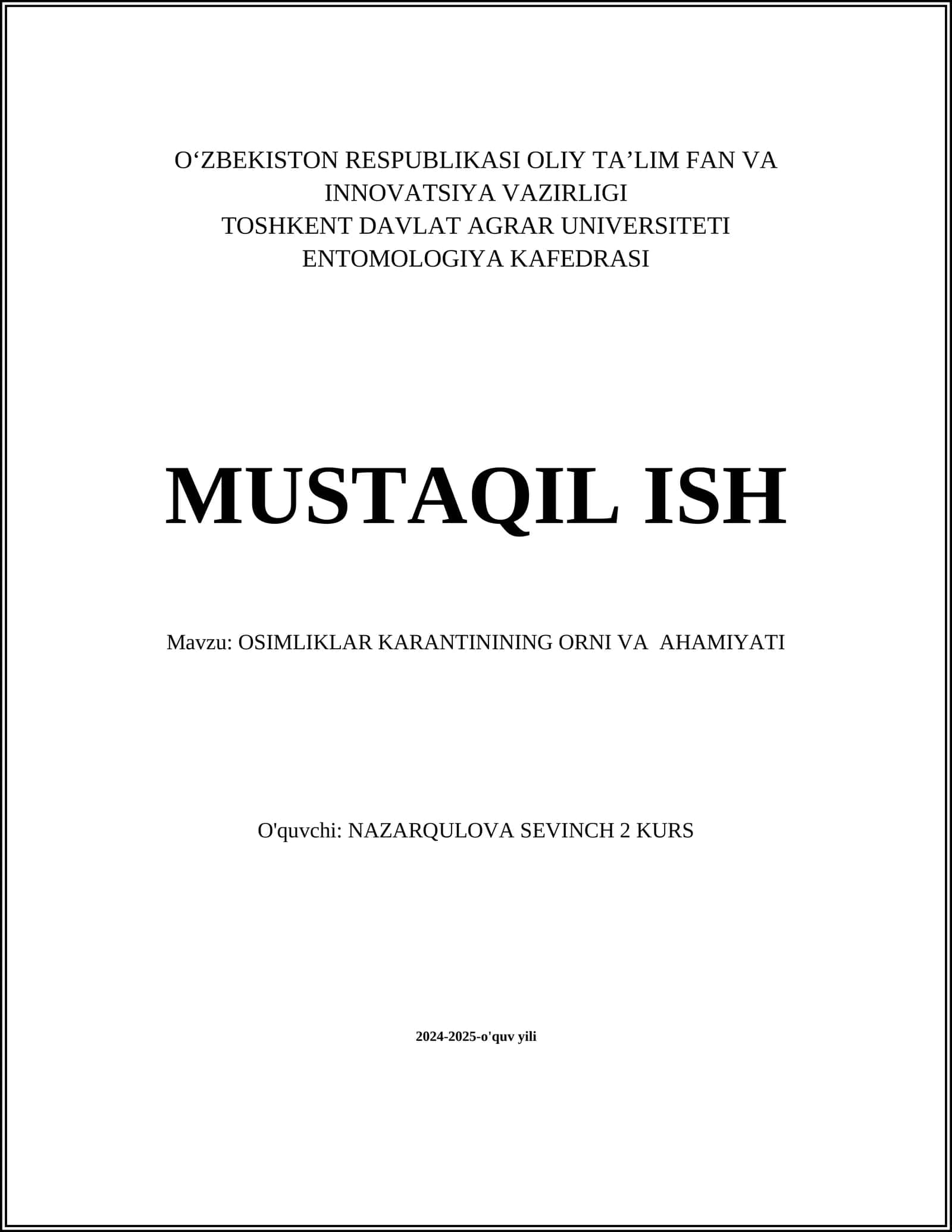 OSIMLIKLAR KARANTININING ORNI VA AHAMIYATI 1