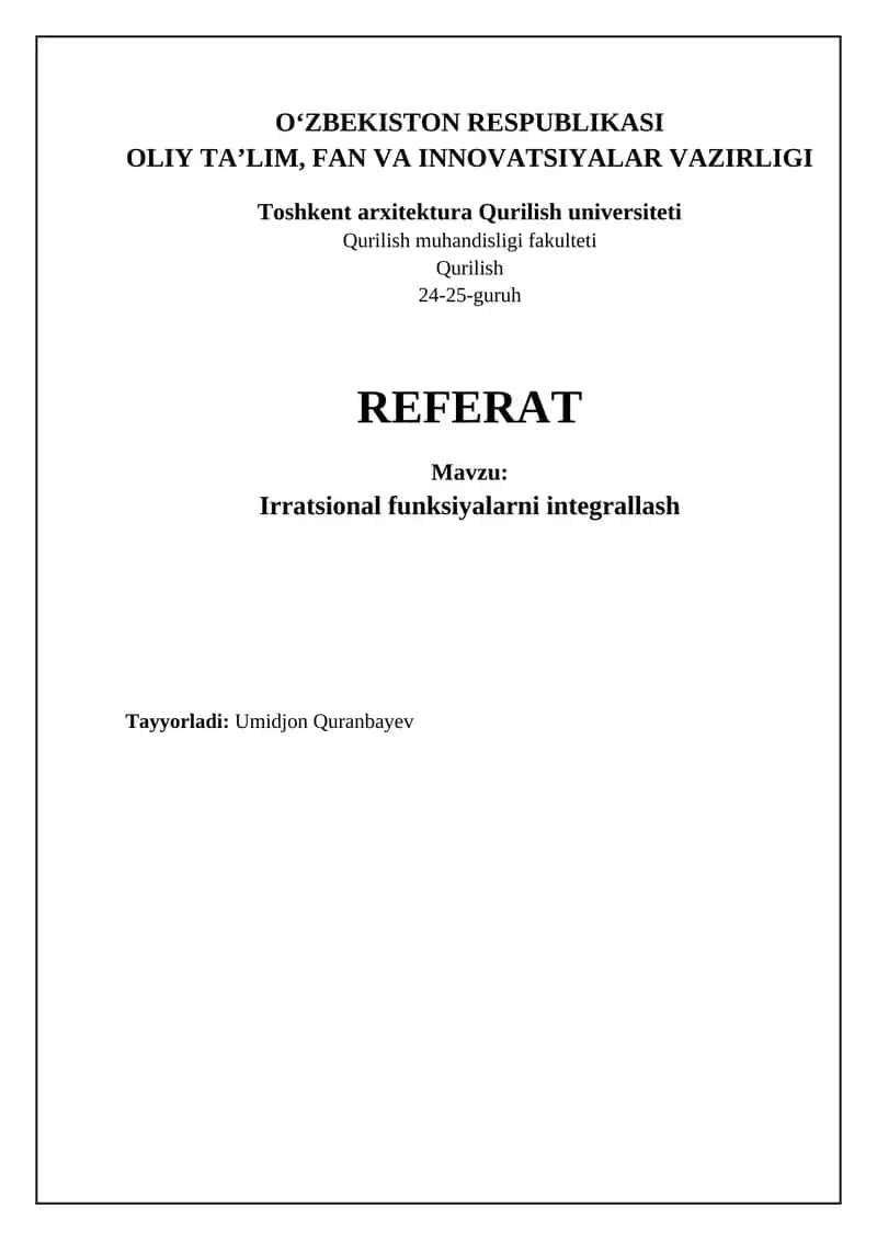 Irratsional funksiyalarni integrallash usullari 1