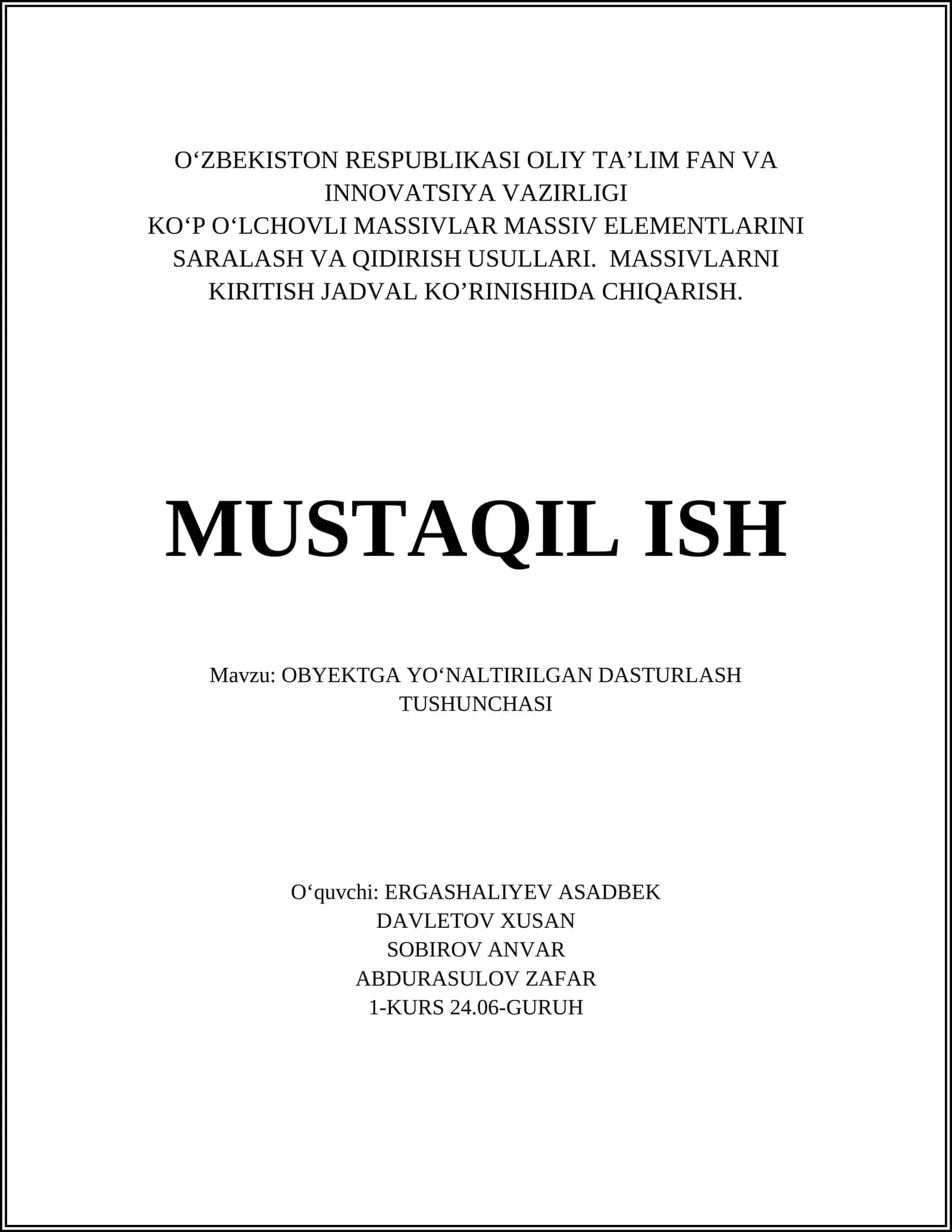 OBYEKTGA YOʻNALTIRILGAN DASTURLASH TUSHUNCHASI 1