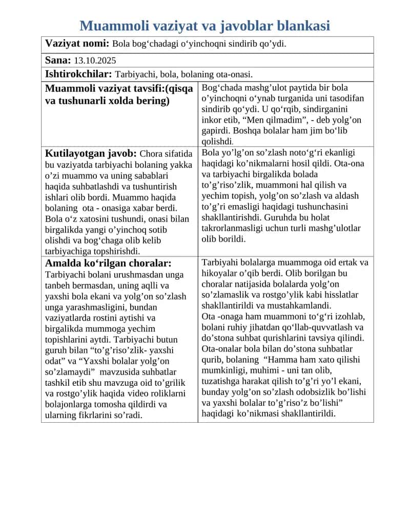 Muammoli vaziyat va javoblar blankasi 1