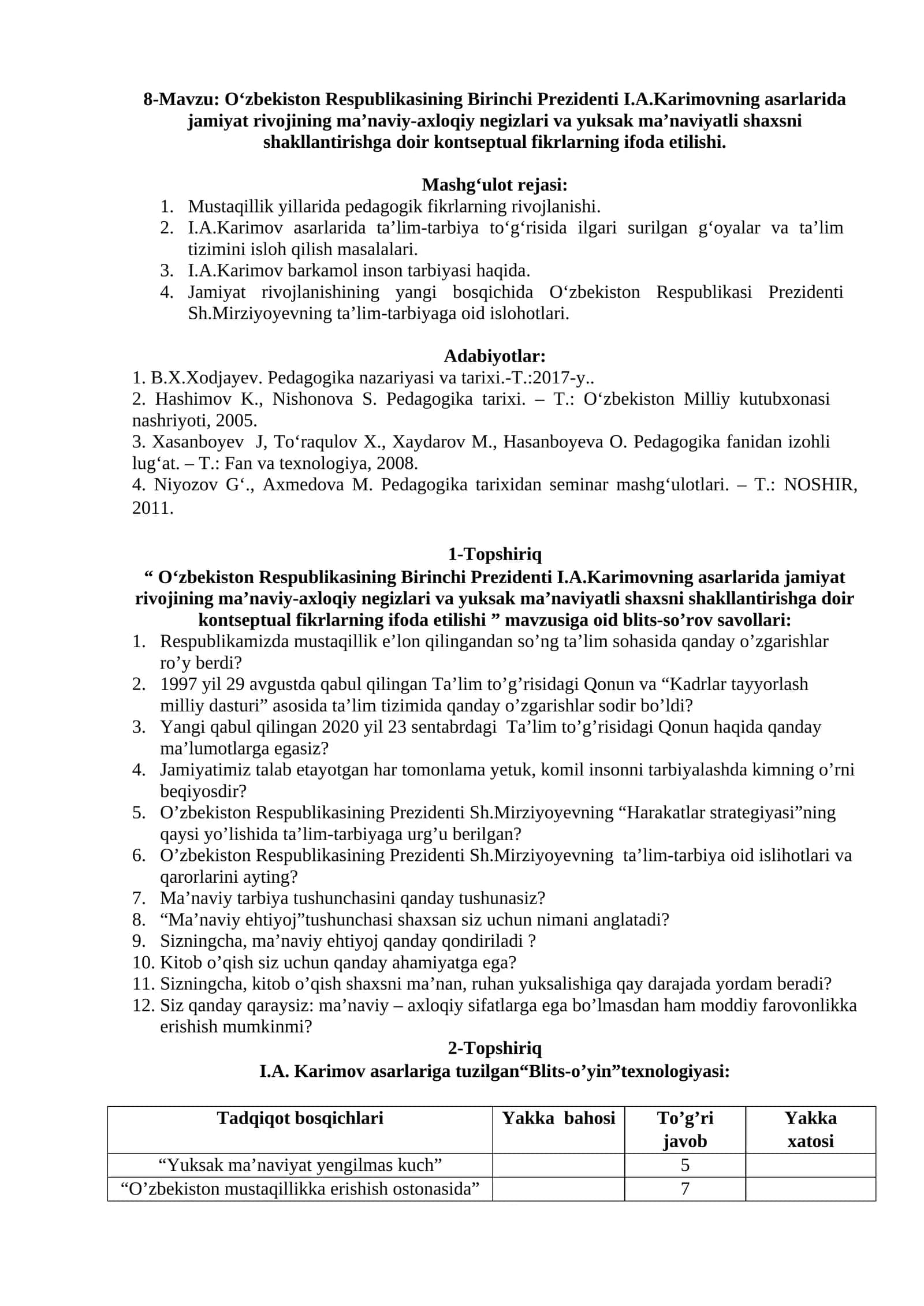 8-Mavzu: Oʻzbekiston Respublikasining Birinchi Prezidenti I.A.Karimovning asarlarida jamiyat rivojining maʼnaviy-axloqiy negizlari va yuksak maʼnaviyatli shaxsni shakllantirishga doir kontseptual fikrlarning ifoda etilishi 1