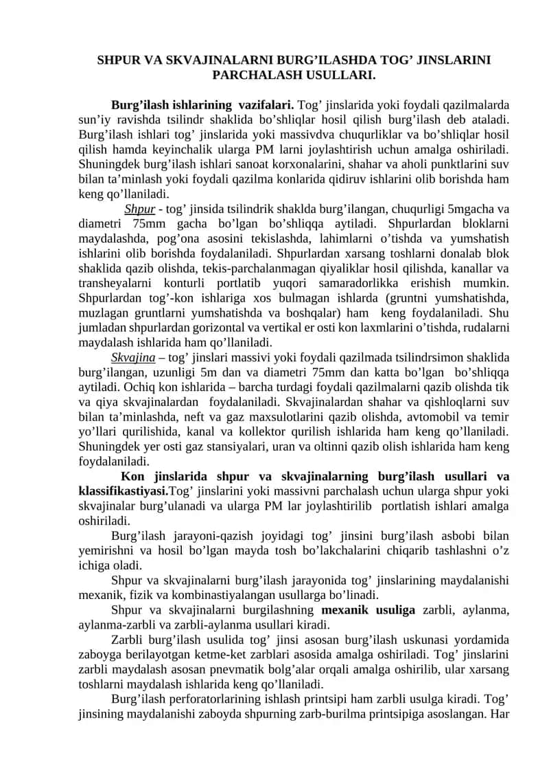 SHPUR VA SKVAJINALARNI BURG’ILASHDA TOG’ JINSLARINI PARCHALASH USULLARI 1