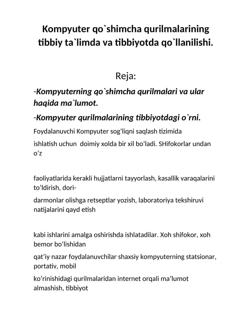 Kompyuter qo‘shimcha qurilmalarining tibbiy ta‘limda va tibbiyotda qo‘llanilishi 1