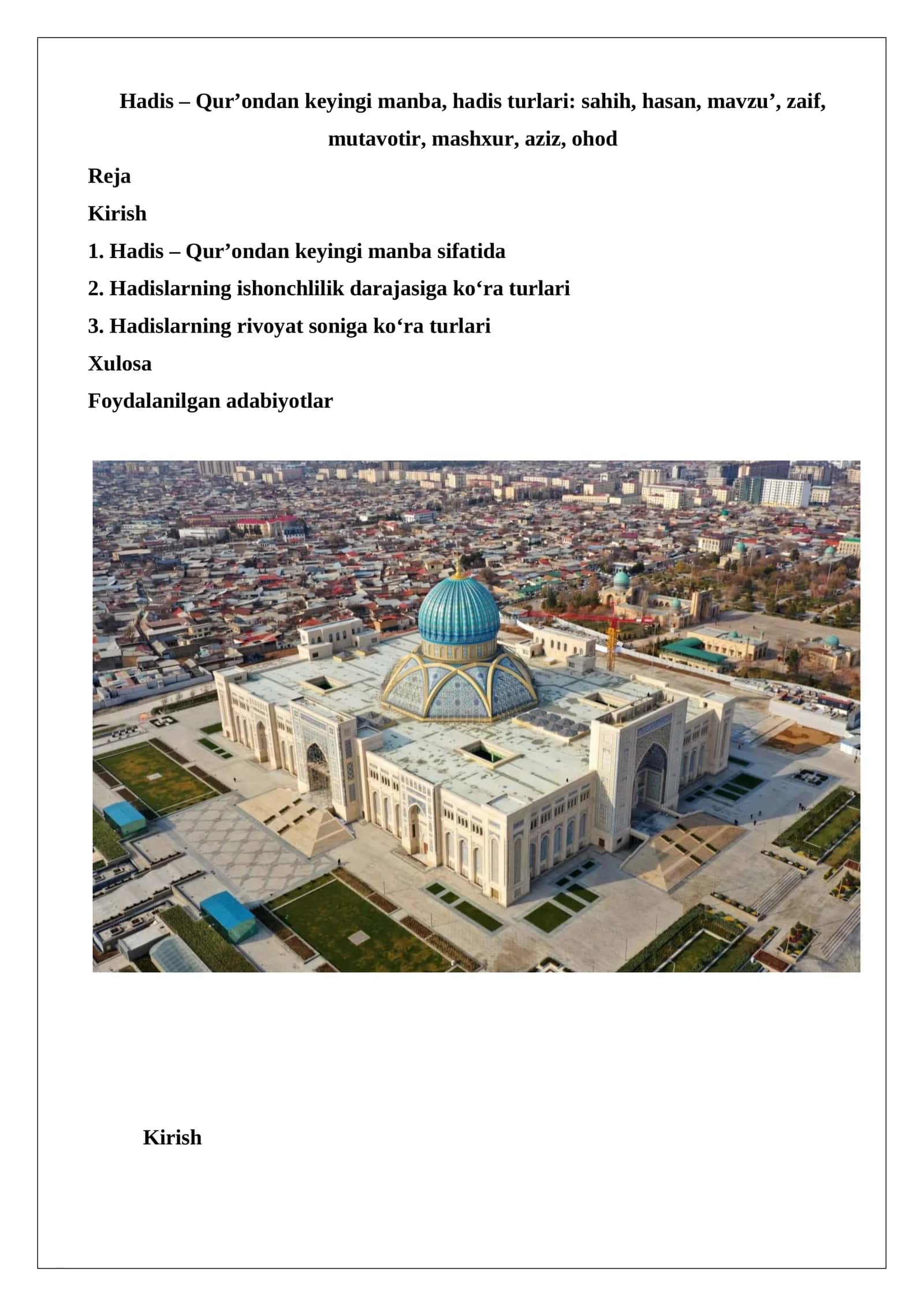 Hadis – Qur’ondan keyingi manba, hadis turlari: sahih, hasan, mavzu’, zaif, mutavotir, mashxur, aziz, ohod 1