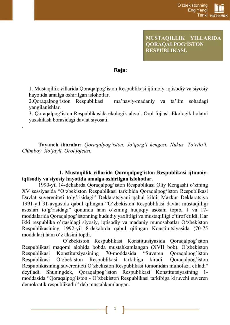 MUSTAQILLIK YILLARIDA QORAQALPOG‘ISTON RESPUBLIKASI 1