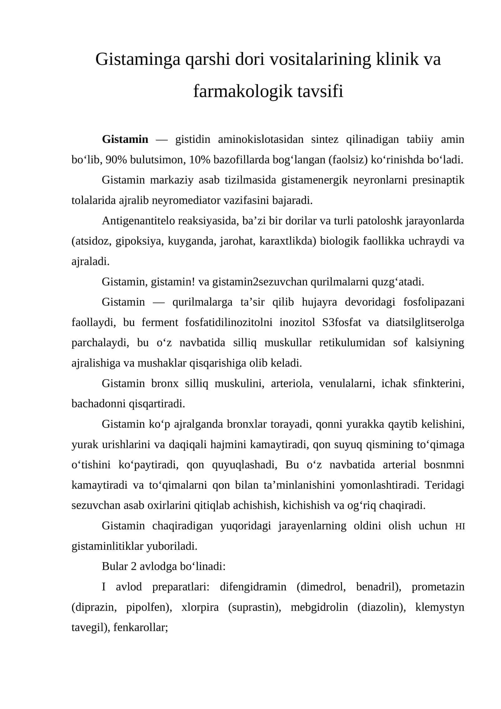 Gistaminga qarshi dori vositalarining klinik va farmakologik tavsifi 1