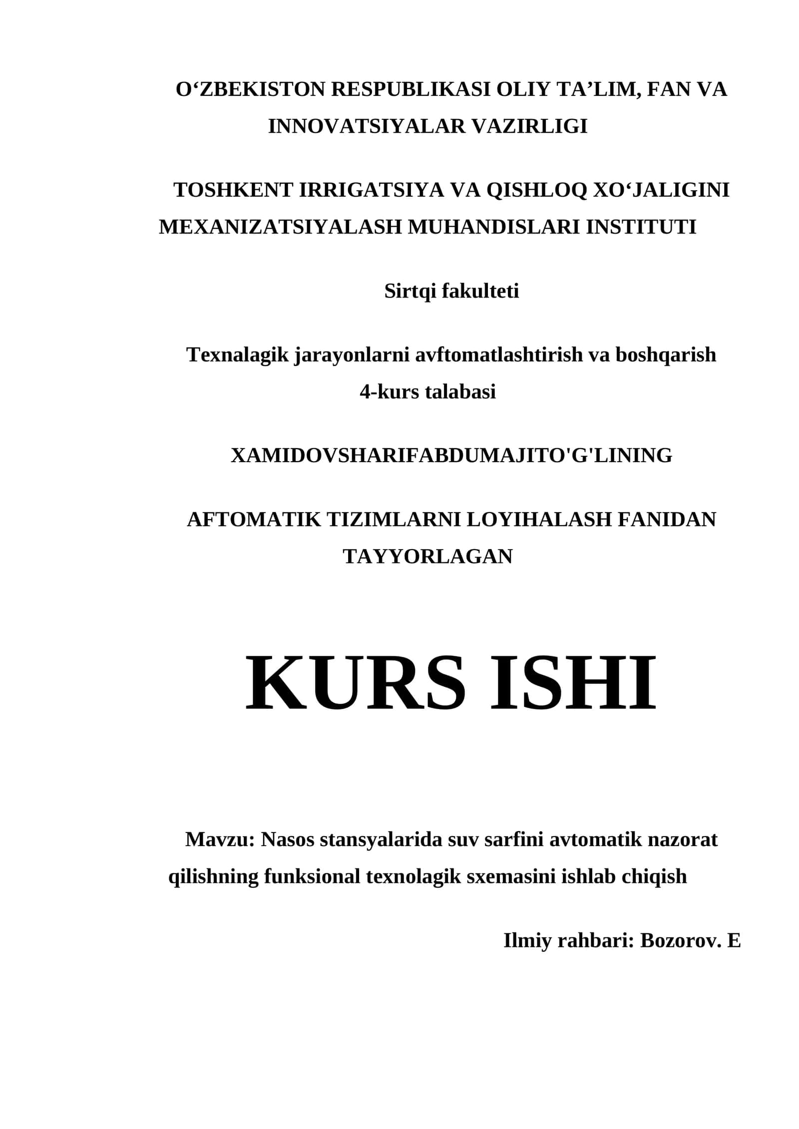 AFTOMATIK TIZIMLARNI LOYIHALASH FANIDAN TAYYORLAGAN KURS ISHI 1