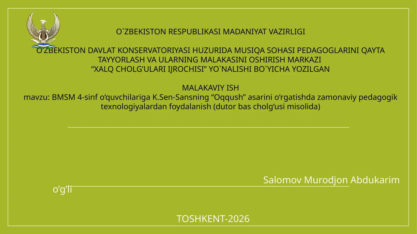 BMSM 4-sinf o‘quvchilariga K.Sen-Sansning “Oqqush” asarini o‘rgatishda zamonaviy pedagogik texnologiyalardan foydalanish 1