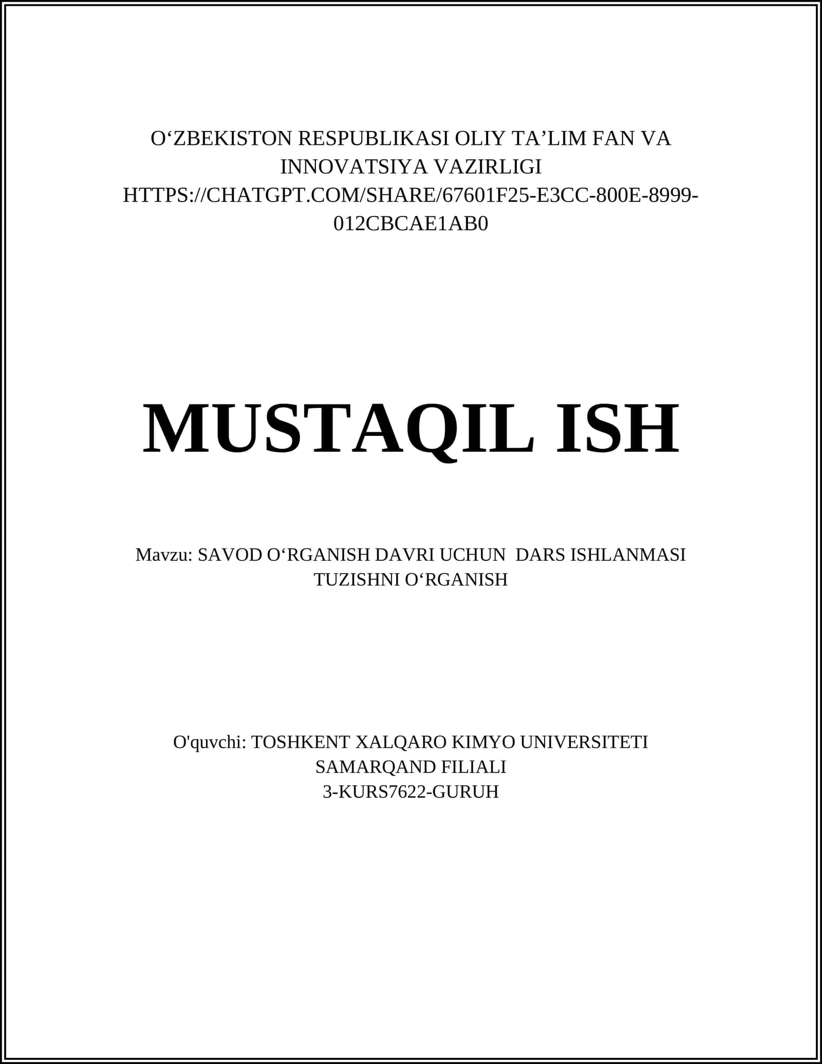 SAVOD OʻRGANISH DAVRI UCHUN DARS ISHLANMASI TUZISHNI OʻRGANISH 1