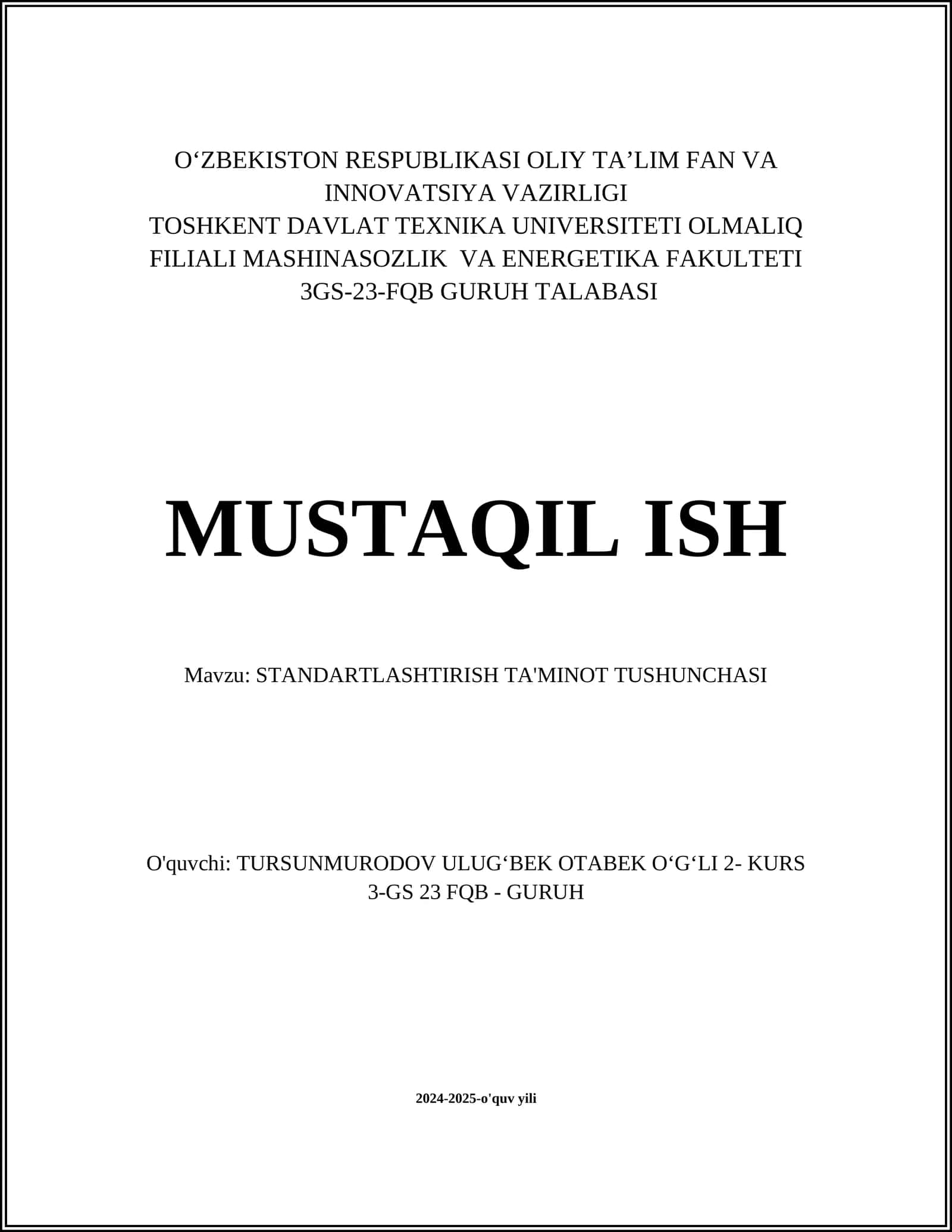 STANDARTLASHTIRISH TA'MINOT TUSHUNCHASI 1