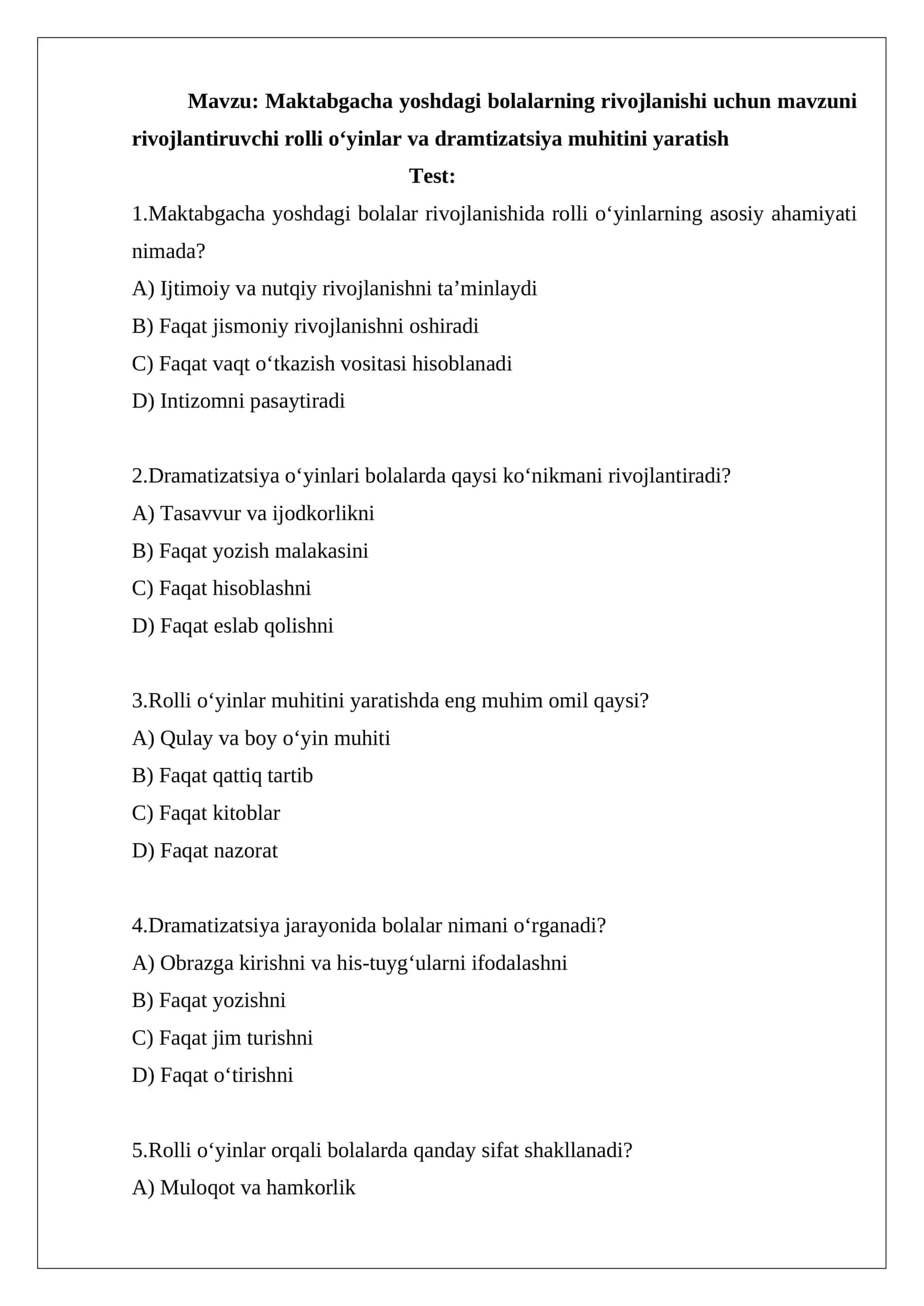 Maktabgacha yoshdagi bolalarning rivojlanishi uchun rol o'yinlar 1