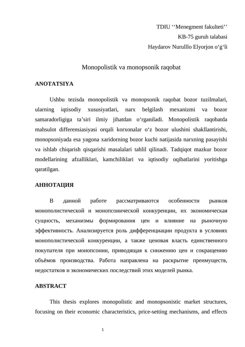 monopolistik va monopsonik raqobat 1