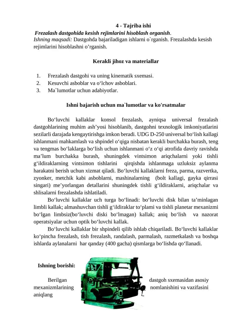 Frezalash dastgohida kesish rejimlarini hisoblash organish 1