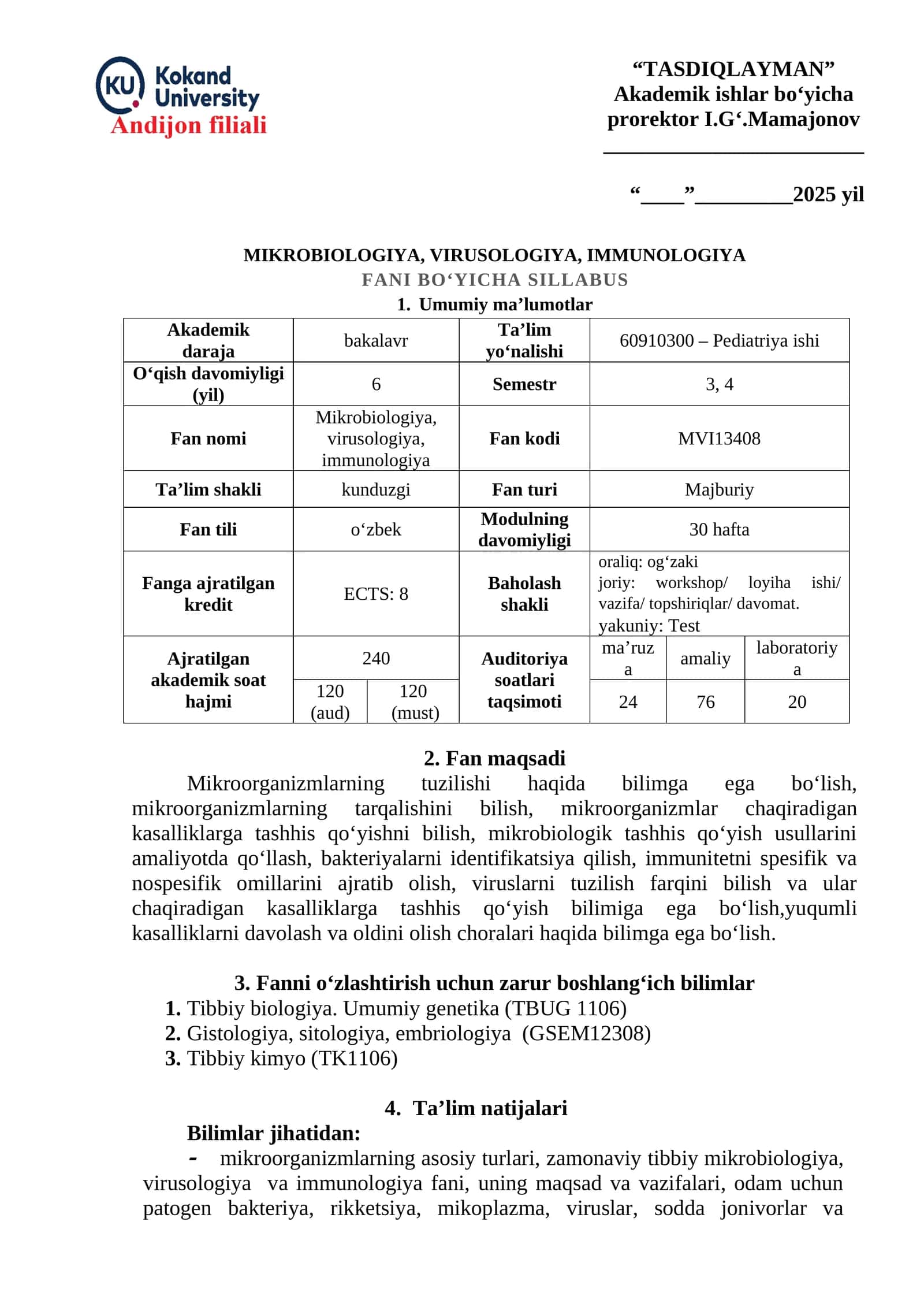 MIKROBIOLOGIYA, VIRUSOLOGIYA, IMMUNOLOGIYA FANI BO‘YICHA SILLABUS 1