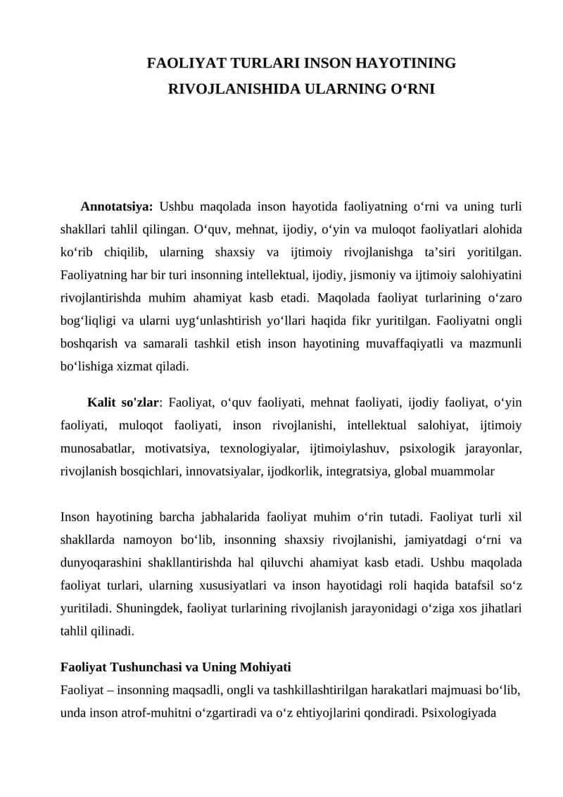 FAOLIYAT TURLARI INSON HAYOTINING RIVOJLANISHIDA ULARNING O‘RNI 1