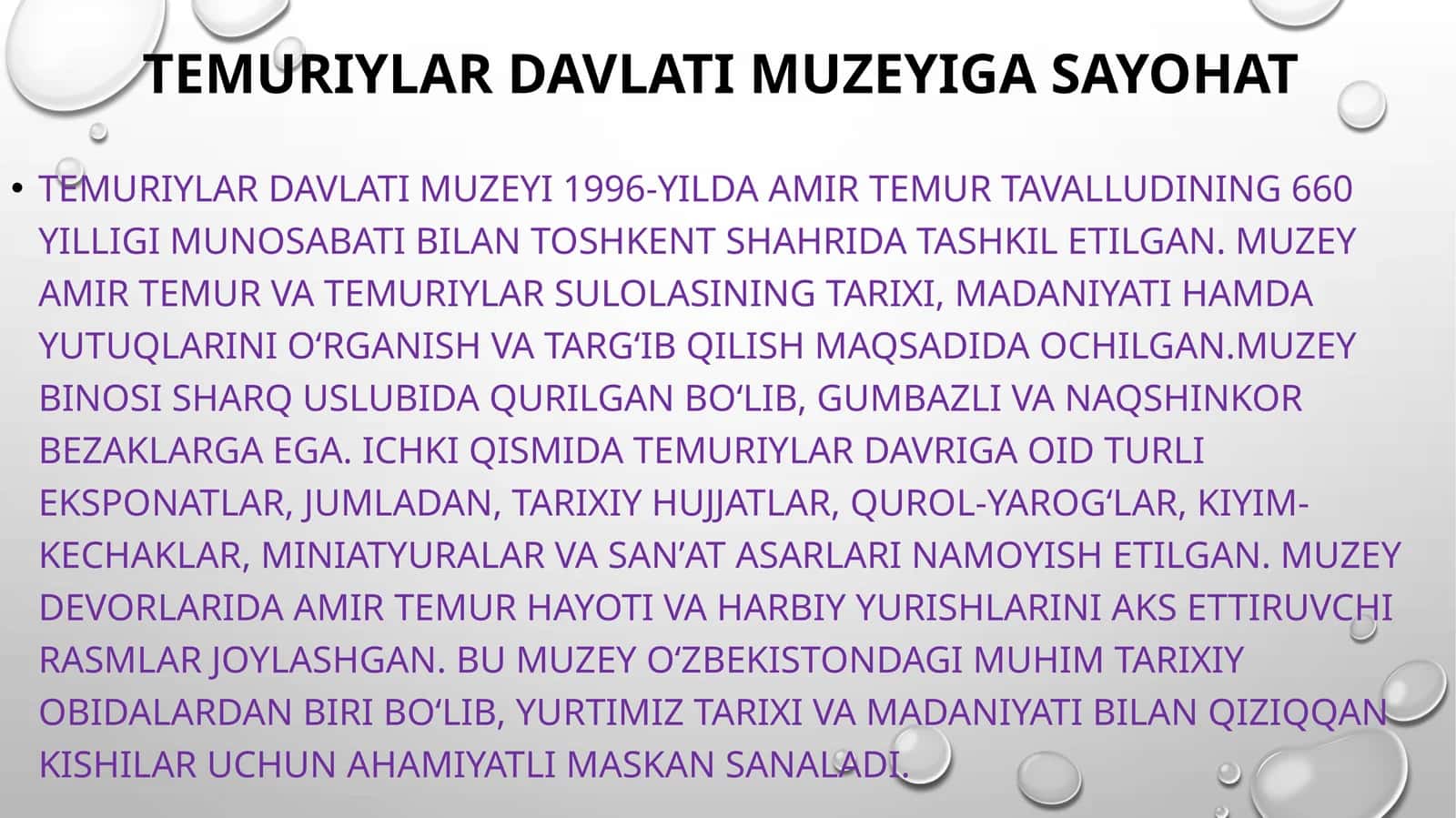 Temuriylar davlati muzeyiga sayohat  slayd 1