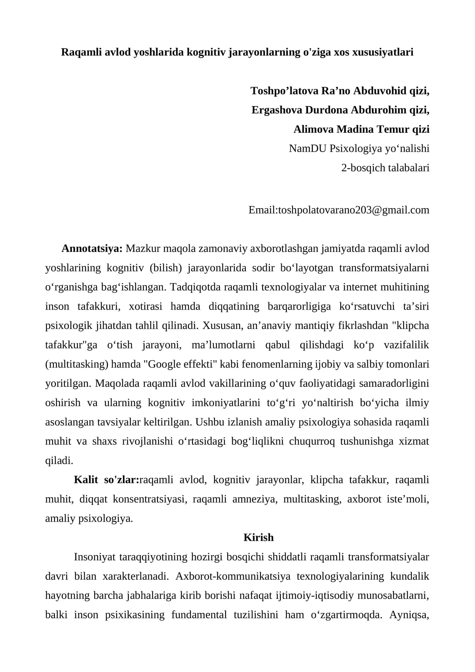 Maqola:Raqamli avlod yoshlarida kognitiv jarayonlarning o'ziga xos xususiyatlari 1