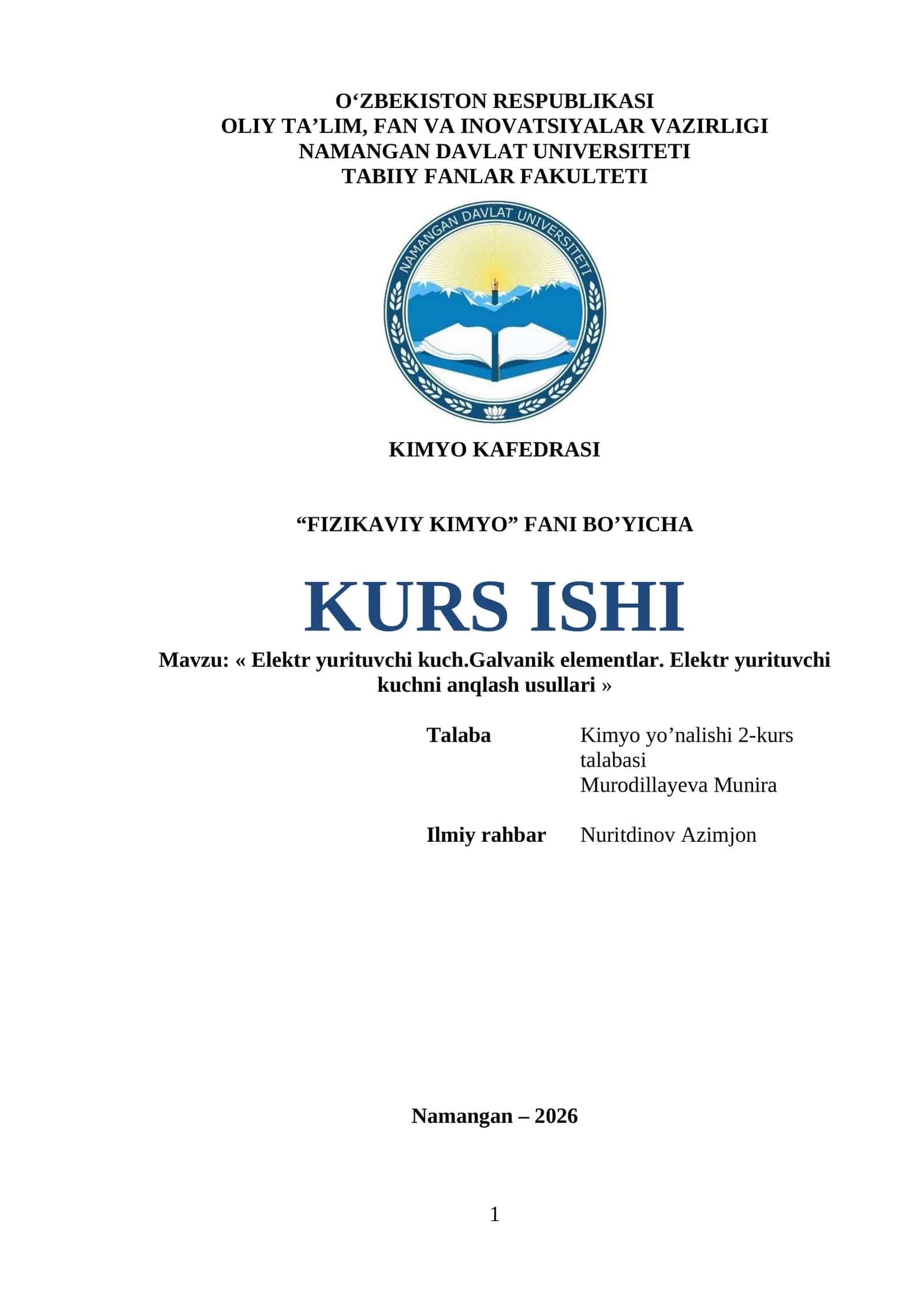 Elektr yurituvchi kuch.Galvanik elementlar. Elektr yurituvchi kuchni anqlash usullari 1