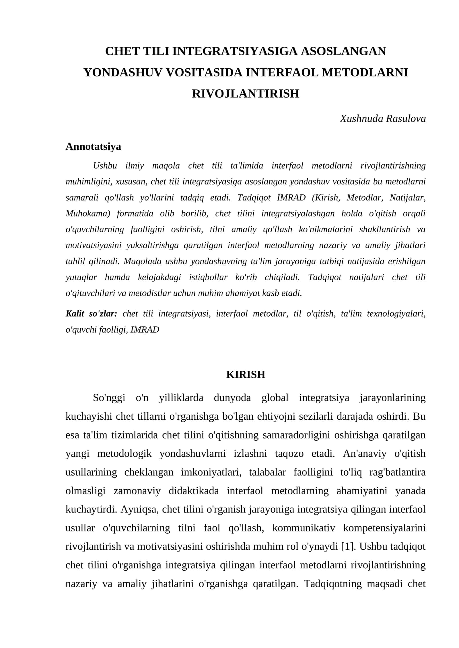 CHET TILI INTEGRATSIYASIGA ASOSLANGAN YONDASHUV VOSITASIDA INTERFAOL METODLARNI RIVOJLANTIRISH 1